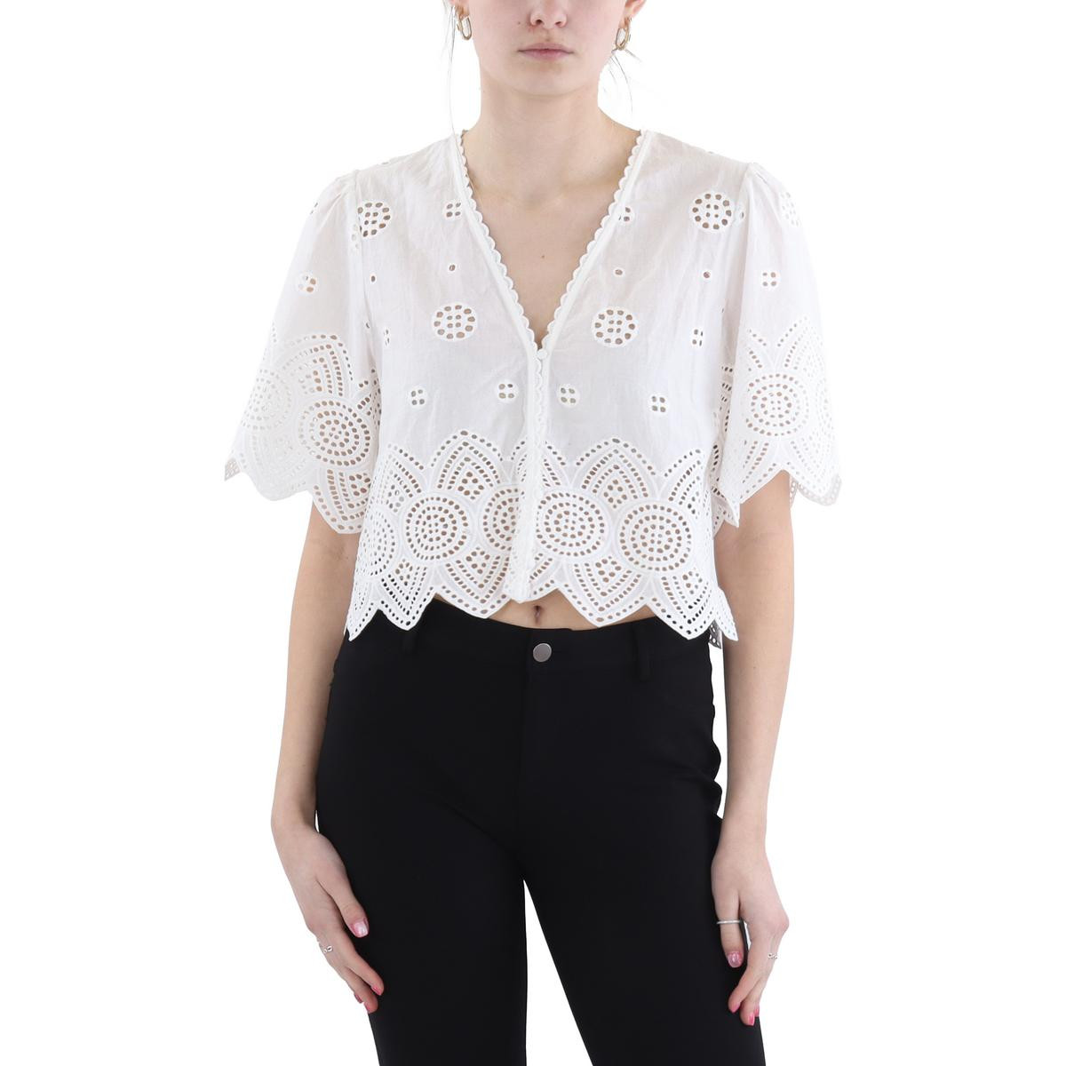 Укороченная рубашка на пуговицах Lucy Paris Womens Loray White с фестонами XS BHFO 7548