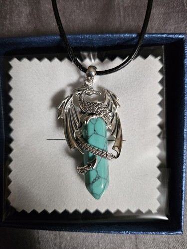 Sterling Silver/925 Turquoise Dragon Pendant Black Adjustable Rope Necklace
