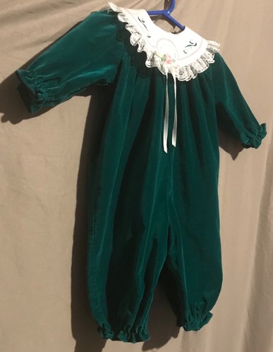 Vintage Velvet Baby Girl Romper 6-9 Months Green Embroidered Collar One Piece - Picture 8 of 10