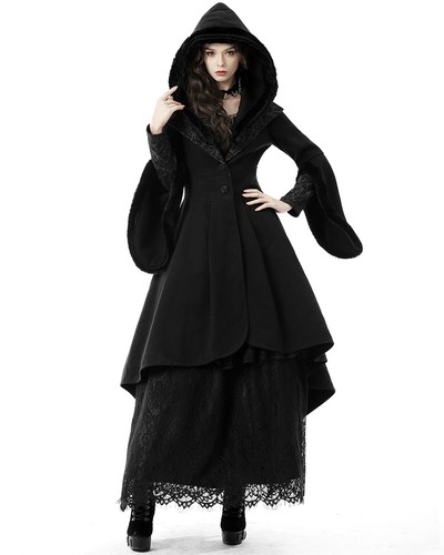Dark In Love Womens Gothic Hooded Coat Jacket Black Steampunk Victorian Faux Fur - Picture 3 of 13