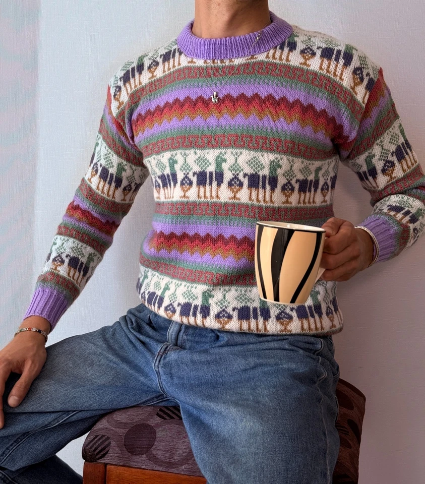 Alpaka Pullover Lila mit Muster Gr M Handgestrickter Alpaka Wollpullover aus Per - Bild 2 von 3