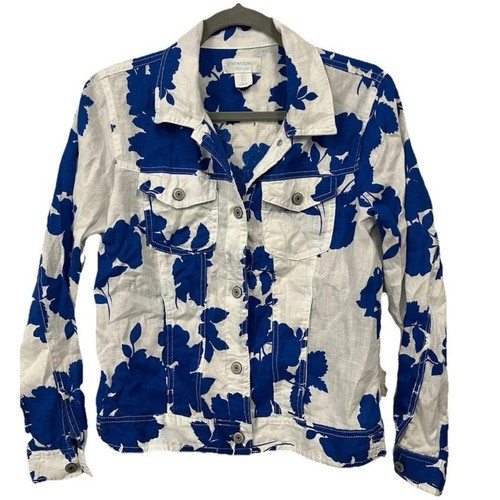Cynthia Rowley Linen Jacket White & Blue Floral Chest Pockets Boho Stylish - Picture 8 of 8