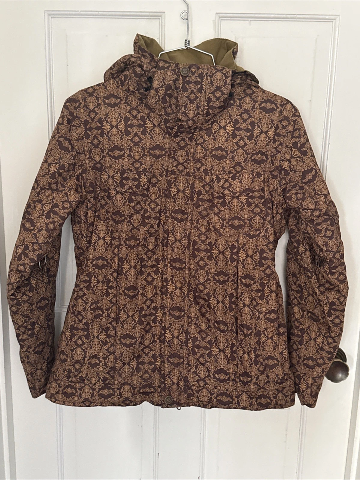 Sims Women's S Snowboard Jacket Brown Damask Hood Insulated Ski Coat- EUC