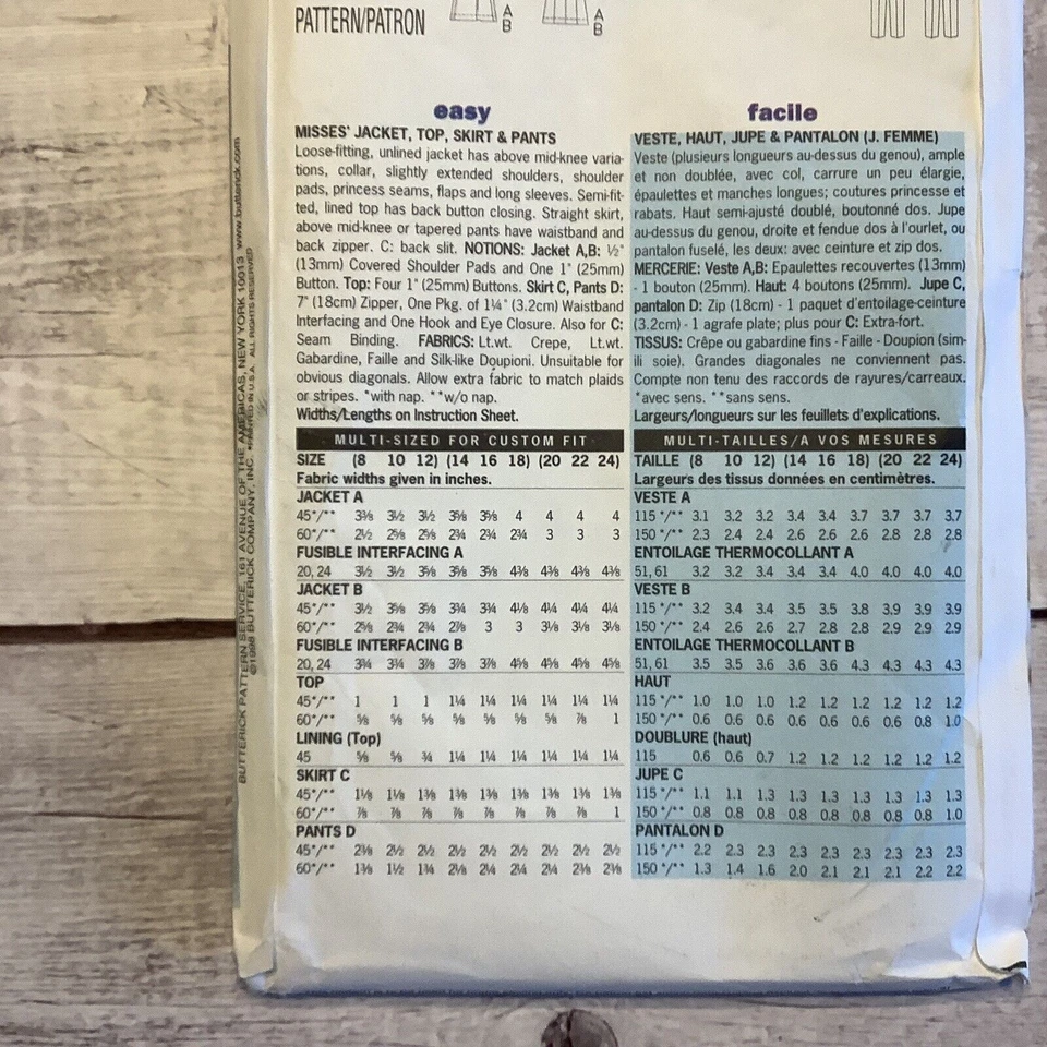 Butterick 5789 Sewing Pattern Jacket Top Skirt Pants Misses Sizes 20-24 UNCUT - Image 3 of 4