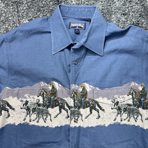 Panhandle Shirt Mens L Blue Pearl Snap Western Horse rider Round Up Southwestern - Picture 2 of 6