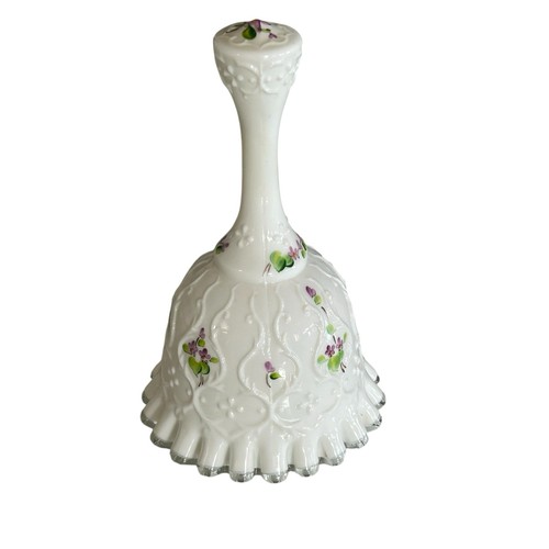 Vtg Fenton Glass Violets in Snow Spanish Lace Silver Crest Bell Artist Signed - Picture 2 of 10