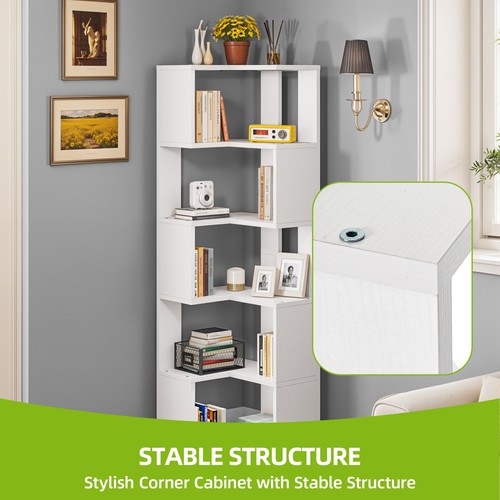 6-Tier Corner Bookshelf - L-Shaped Shelf Unit 62.8"H, White - 23.3"x15.2" - Picture 4 of 9