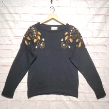 Susan Bennett Sweater Womens Medium Black Embellished Rhinestone Silk Angora VTG