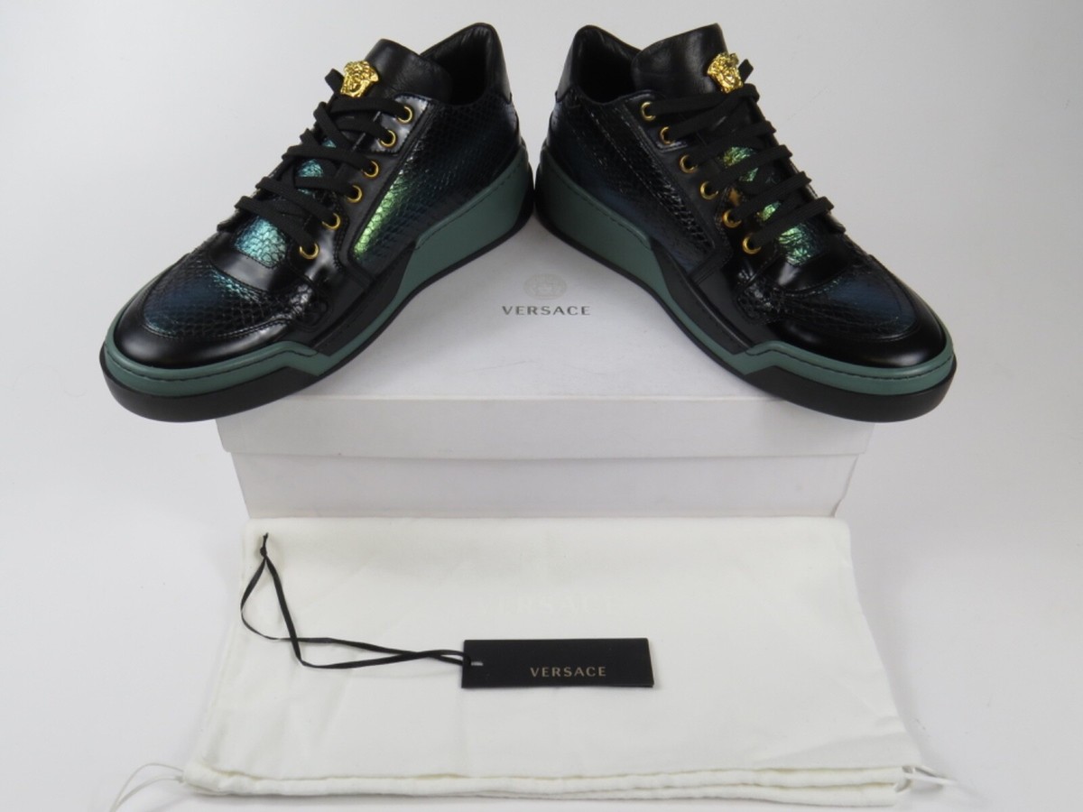 NEW 41 VERSACE sneaker snake green gold black leather elaphe