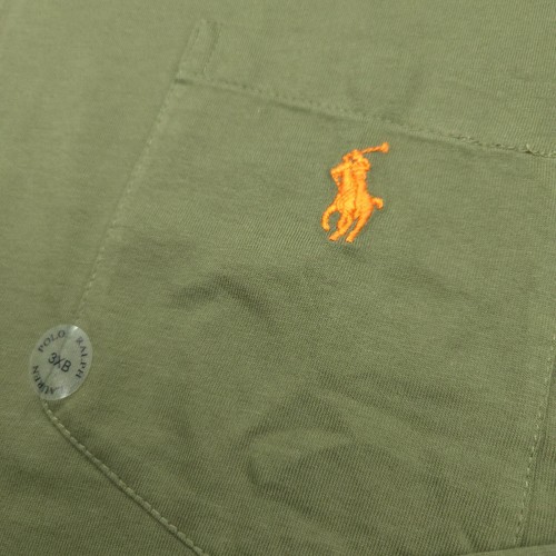 POLO RALPH LAUREN CREW T-SHIRT 3XB BIG ARMY GREEN LONG SLEEVE POCKET ORANGE PONY - Picture 5 of 11