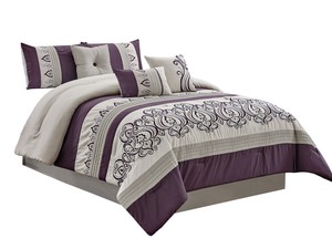 7p Desiree Comforter Set Scroll Damask Floral Embroidery Purple