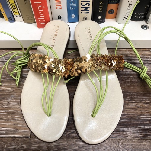 NEW Designer CHARLOTTE SOLNICKI Lace-Up Gladiator Sandals Sz 37 US 7 Gold Sequin - 第 1/12 張圖片