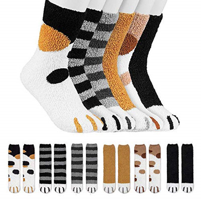 6 PK Fuzzy Cat Paw Socks Women Plush Cozy cotton Slipper ...