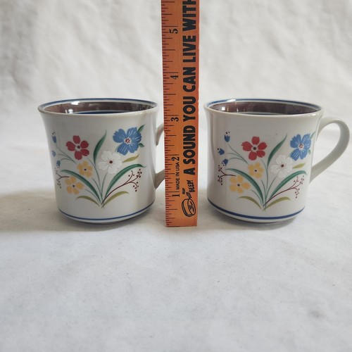 Vintage Pair Salem Stoneware Red Blue Yellow Flower Coffee Mugs Cup Floral Retro - Picture 2 of 11