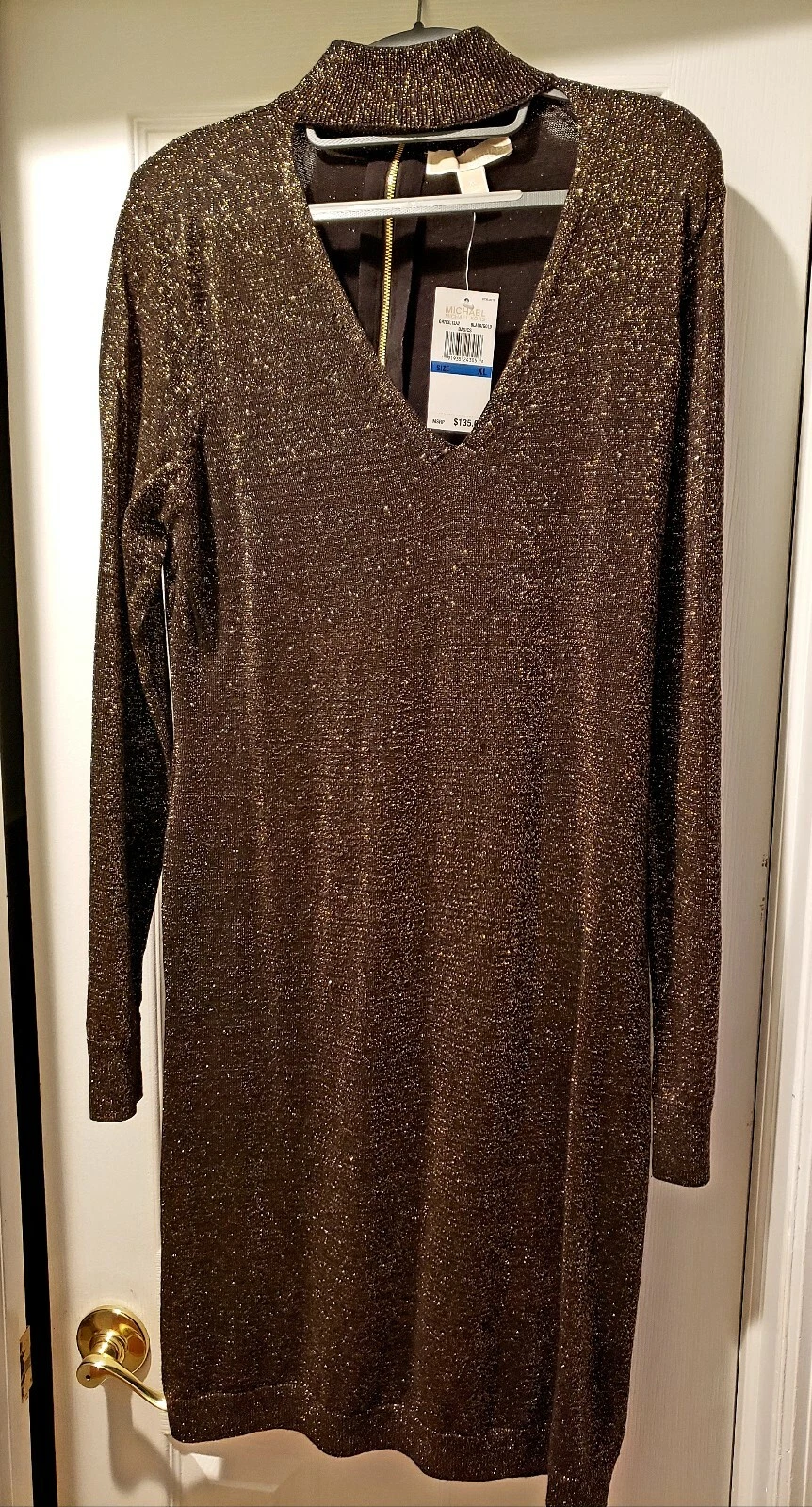 Abito Michael Kors girocollo scollo a V maglione metallizzato maglia nero oro nuovo con etichette
