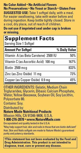 Nature Made Hair Skin & Nails with Biotin 2500 mcg Softgels 120 Count Pack of 3 - Picture 2 of 2