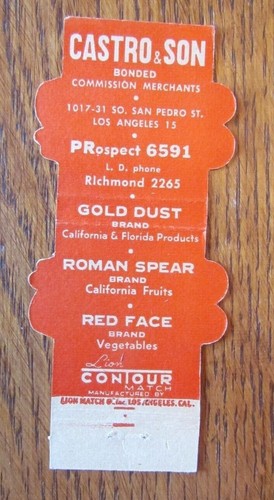 CONTOUR MATCHBOOK COVER: CASTRO & SON FRUITS LOS ANGELES, CA MATCHCOVER -D6 - Picture 2 of 2