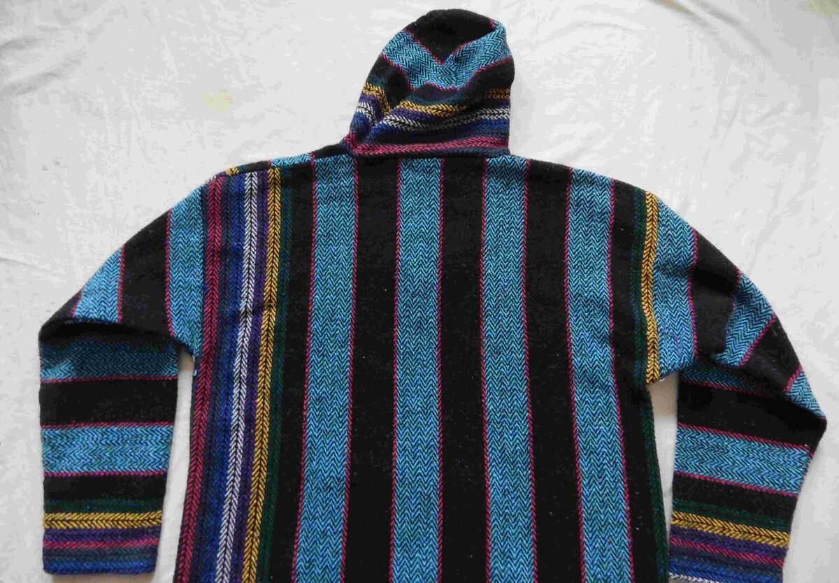 Blue Black Striped Baja Jacket - XL Mens Hippie Drug Rug Blue Black Striped Baja Jacket - XL Mens Hippie Drug Rug