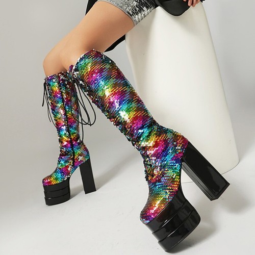 2025 Plus Size Fashion Sequins Women's Boots Sequins High Chunky Heels Boots sz