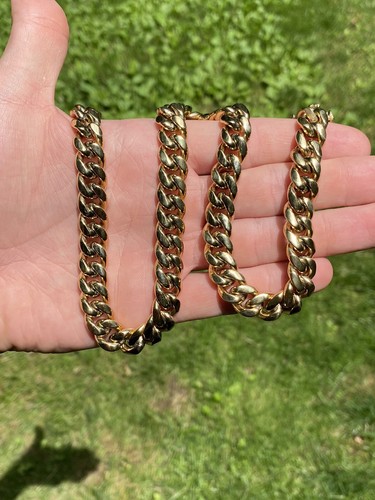 Real Solid 14K Gold Over Stainless Steel Miami Cuban Link Chain Necklace Choker - Picture 8 of 12