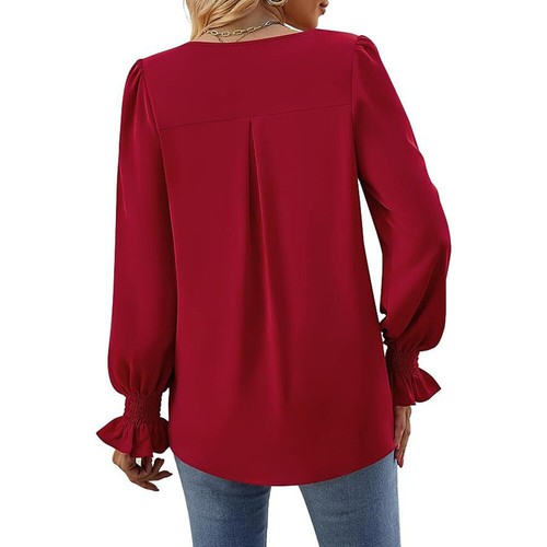 Women V-Neck T Shirt Blouse Long Sleeve Plain Loose Pullover Tops Fashion Casual - Bild 15 von 24