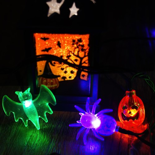 70 LED Pumpkin Bat Spider String Lights - 22.6ft Orange Green Purple Plug - Picture 7 of 7