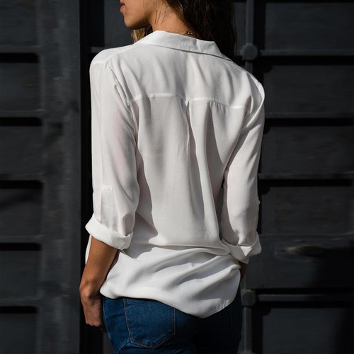 Womens Button Down Shirts Tops Ladies Casual OL Office Work Long Sleeve Blouse - Picture 6 of 18