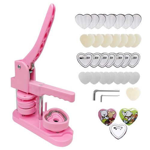 Heart Shaped DIY Pin Button Maker Machine - 100pcs Parts Included (Pink)
