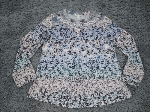 Christopher & Banks Top Damen groß blau Blumen Stretch Strick V-Ausschnitt Rollriegel
