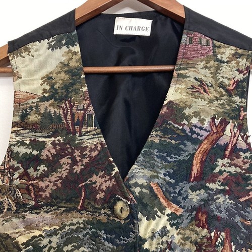 Vintage Tapestry Vest Womens Large Green Brown Pastoral Country 90s Waistcoat - Picture 3 of 10
