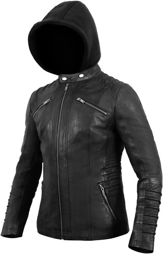 Women Motorcycle Brando Style Biker Leather Jacket Hood Crew real Black-FREESHIP - Picture 3 of 9