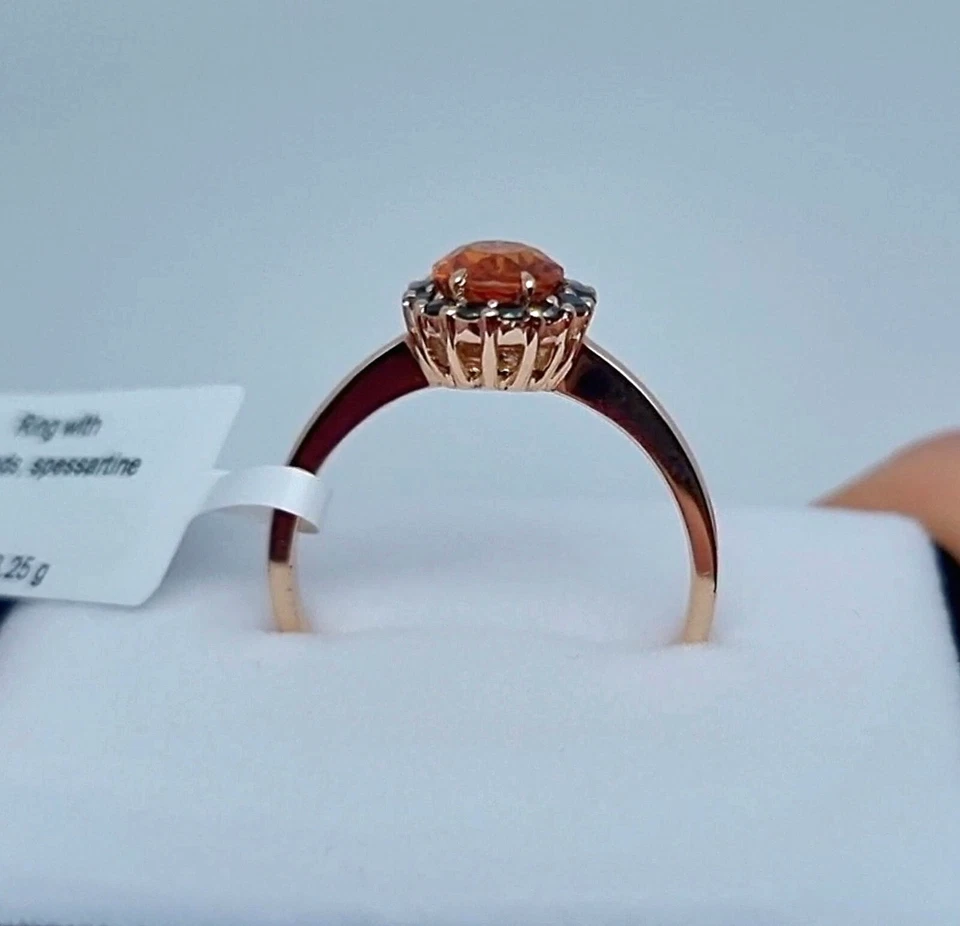 Certified Ring with Natural Spessartine and Black Diamonds gems, Solid 14Karat - Image 4 of 4