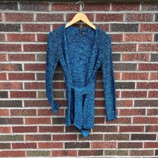INC International Concepts Blue and Black Heathered Belted Sweater Cardigan
