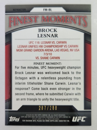 2011 Topps UFC Finest Moments - REFRACTOR #FM-BL BROCK LESNAR /288 - Picture 2 of 2