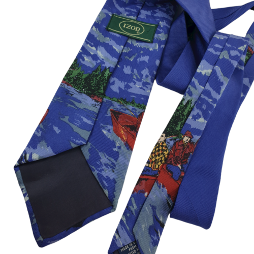 Mens Izod 100% Silk TIE Fishing Boat Lake Blue Woven Made In USA 152 Cms Vgood - Picture 7 of 10