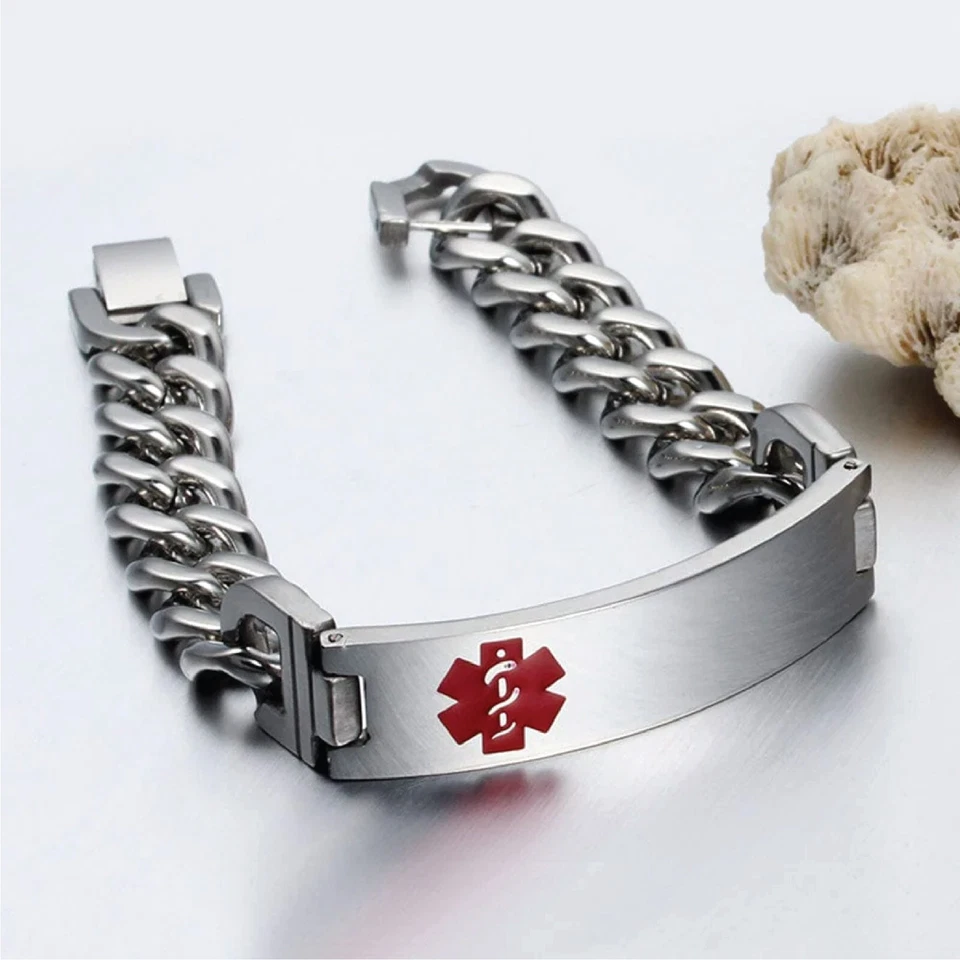 Pulsera de alerta médica personalizada de acero inoxidable | plata | oro | negro Foto 2 de 4
