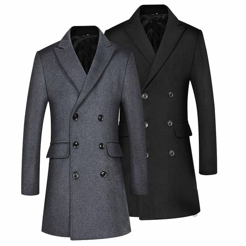 AS Men's Overcoat Wool Blend Double Breasted Slim Fit Long Coat Black Grey M-3XL