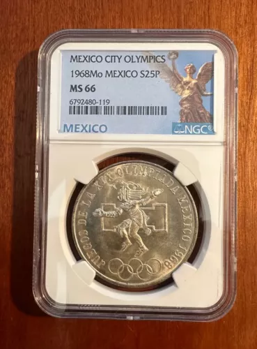 MEXICO 1968  25 PESOS "OLYMPIC" SILVER COIN, NGC CERTIFIED GEM UNCIRCULATED MS66