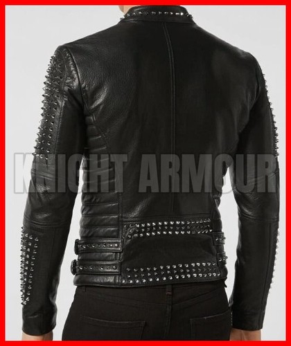 Men's Punk Studded Jacket Silver Studded Moto Spiked Cowhide Men Leather Jacket - Picture 2 of 4