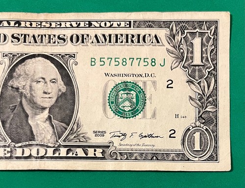 2009 1 DOLLAR BILL TRINARY SERIAL NUMBER B57587758 CIRCULATED - Picture 3 of 7