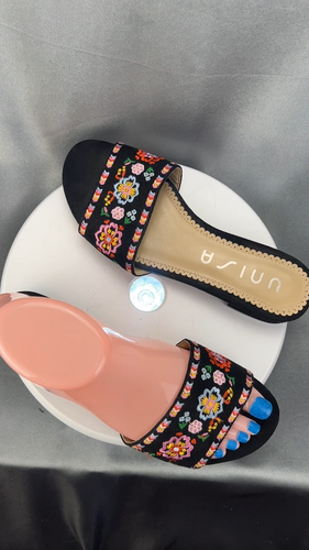 Unisa Sprinkle Fest Floral Embroidery Sandal Slides Women's 6 Black Flats Summer - Video 1 of 1