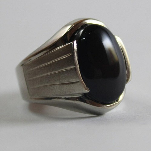 Natural Black Aqeeq Agate Mens Handmade Ring in 925 Silver Sterling - Picture 4 of 10