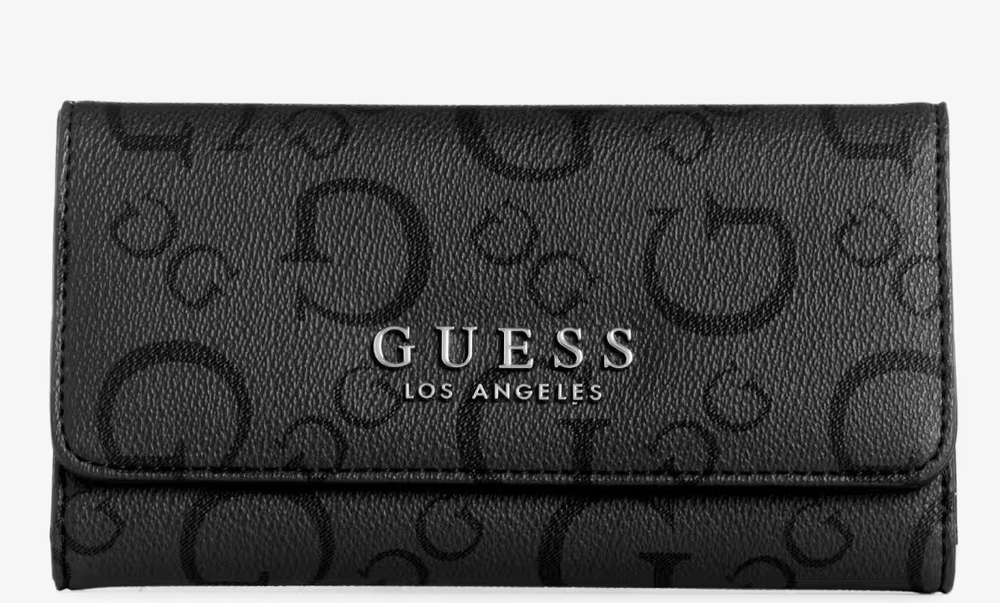 NEW GUESS Women's Logo Print Trifold Slim Wallet Clutch Bag - Black