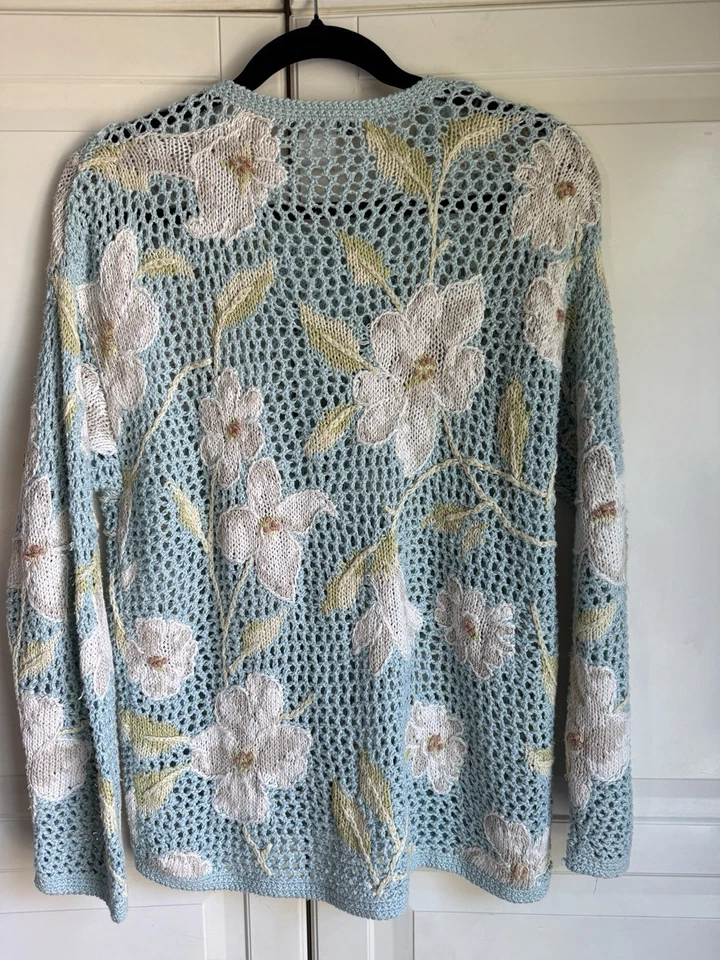 Cárdigan David Brooks Tejido Abierto Suéter Mujer Mediano Azul Blanco Floral De Colección Foto 2 de 4