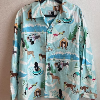 The Cat's Pajamas 1X Dog Print Flannel Cotton Pajama Top Button Long Sleeve