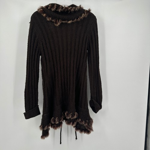Womens Y2K Chocolate Brown Wool Blend Sweater Size M Faux Fur Trim Boho Cottage - Picture 2 of 9