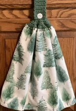 Double  hanging kitchen towel Xmas trees crocheted sage green top