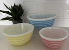 Vintage Pyrex Striped 3 Mixing Bowl Set Blue Yellow & Pink EXCELLENT Condition