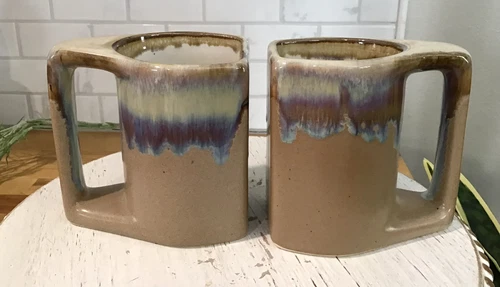 Set Of 2 Rodolfo Padilla Stoneware Brown/Tan/Blue Drip Glaze Stacking Mugs