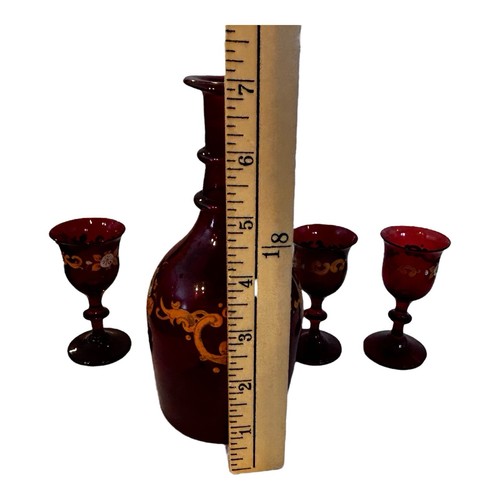 Czech or Bohemian ruby red glass decanter with stopper 3 cordial glasses - Picture 14 of 16